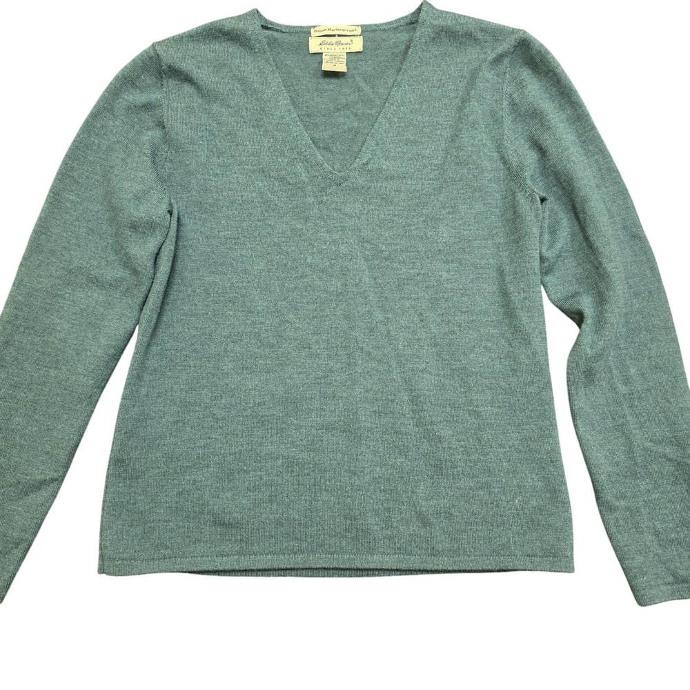 EDDIE BAUER Women's M Heather Blue Merino Wool‎ V-Neck Sweater Minimalist Preppy